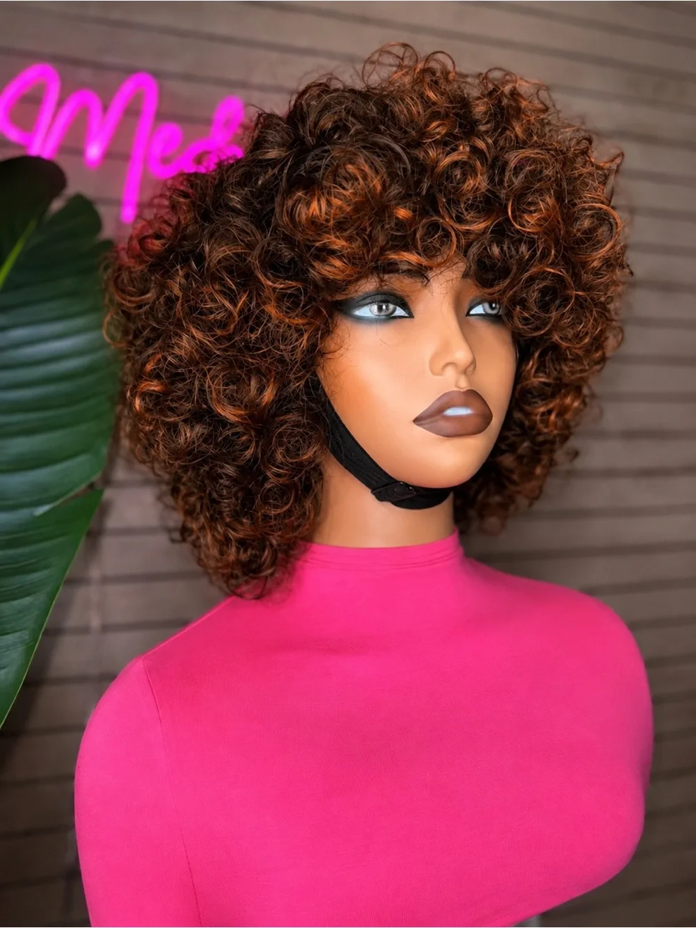 Voluminous Curly Short Wig in Dark Brown with Copper Highlights - Women Hair